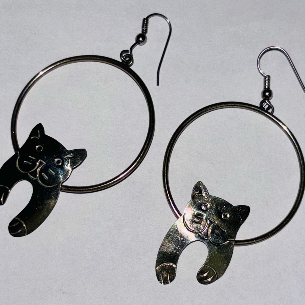 Silver Cat Hoop Earrings